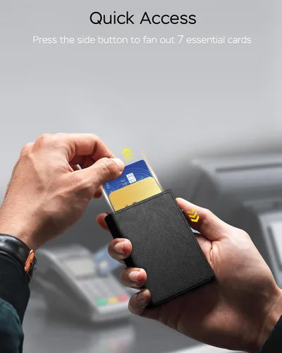 Miniatura 5 de Cartera para hombre – Cuero minimalista de triple pliegue, funda inteligente para tarjetas emergentes con bloqueo RFID, soporte delgado de metal