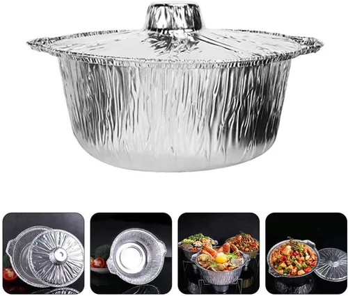 Miniatura 6 de Yardwe Sartenes redondos de papel de aluminio con tapas, 5 latas de aluminio desechables, contenedor de alimentos, moldes de papel de aluminio