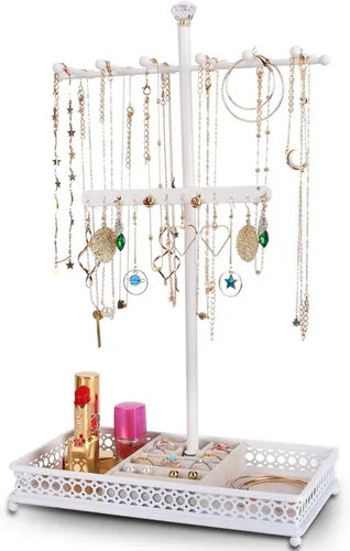 Meangood Organizador de soporte para árbol de joyería 3 en 1, organizador de collares, pulseras, aretes y bandeja de anillos, soporte de joyería de