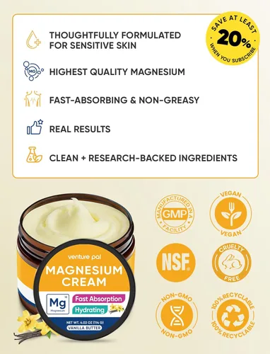 Miniatura 7 de Venture Pal Crema tópica de magnesio, loción hidratante de magnesio de rápida absorción con aceite de coco, manteca de karité y ácido hialurónico