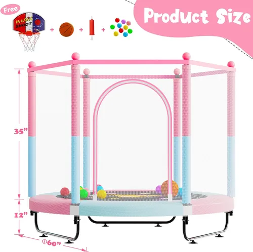 Miniatura 2 de VGMiu Trampolín de 60 pulgadas para niños, cama elástica de 5 pies para interiores y exteriores con aro de baloncesto, recinto de seguridad, regalos