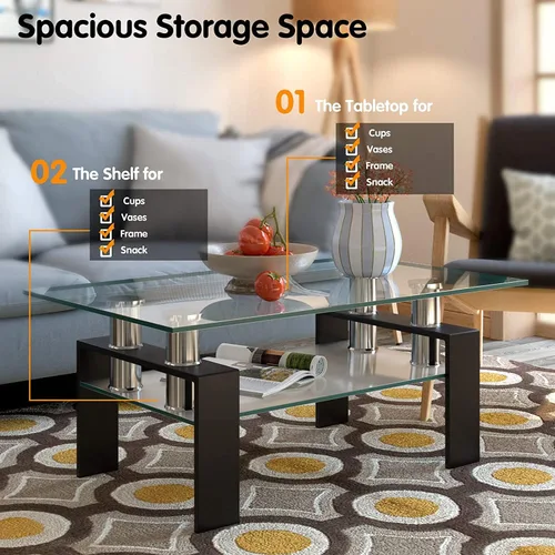 Miniatura 7 de Mesa de centro rectangular de vidrio de 39.4 pulgadas, mesa de centro negra con vidrio templado y patas de metal, mesa central moderna de 2 niveles