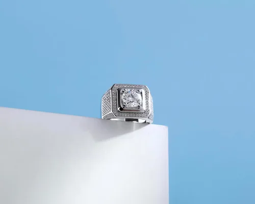 Miniatura 2 de Anillo de moissanita para hombre, de 2 a 5 quilates, solitario de moissanita, plata de ley con chapado en oro blanco de 18 quilates, color D