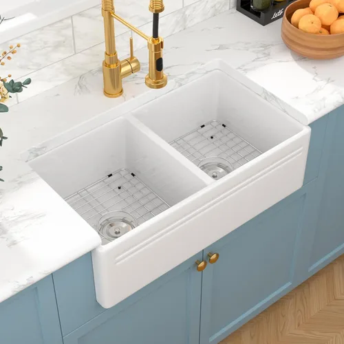 Sarlai Fregadero de cocina de 33 x 18 pulgadas, color blanco, fregadero de cocina de 33 x 18 pulgadas, cuenco doble frontal 50/50 de porcelana