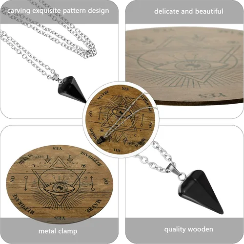 Miniatura 3 de Jetec Tablero de péndulo de madera para la radiestesia, adivinación, péndulo de brujería, suministros de altar con collar de cristal y kit
