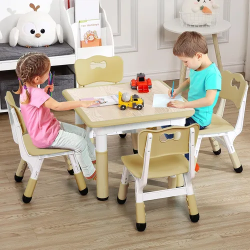 Mesa y sillas para niños, mesa para niños de altura ajustable con juego de 4 sillas, mesas para niños de 2 a 10 años, escritorio de graffiti, mesa