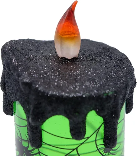 Miniatura 8 de Vela sin llama de Halloween, globo de nieve, funciona con pilas con temporizador de 6 horas, calcomanía de araña de luz verde, lámpara de tornado