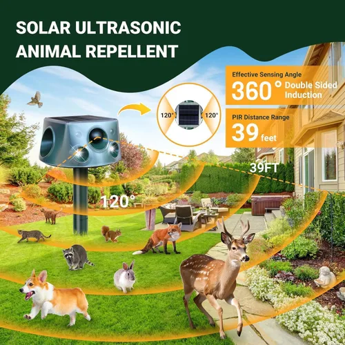 Miniatura 5 de Repelente solar de animales de 360° mejorado: repelente de gatos al aire libre Repelente ultrasónico de plagas con detección de movimiento