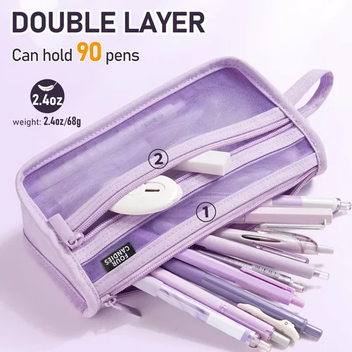 Miniatura 3 de Four Candies - Estuche de malla con asa y cremallera, de doble capa para lápices, maquillaje de viaje, bonita bolsa organizadora de papelería, Marrón