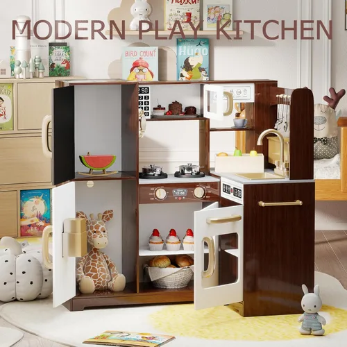 Miniatura 2 de TaoHFE Rincón de Espresso para Jugar Cocina con Luces, Juego de Cocina para Niños de 1 a 3 años, Juego de Cocina de Juguete para Niños Marrón