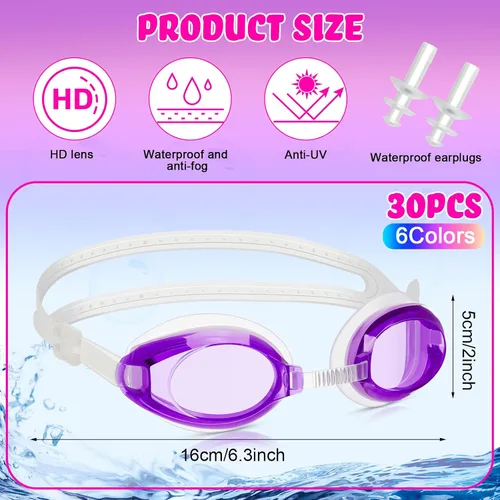 Miniatura 4 de Macarrie Paquete de 40 gafas de natación para niños a granel sin fugas con tapones para los oídos, gafas de natación ajustables de silicona