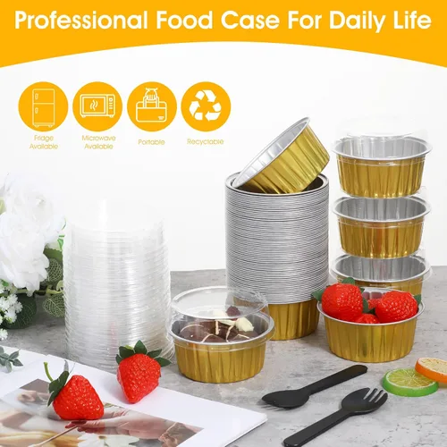 Miniatura 3 de 100 moldes redondos desechables de papel de aluminio de 5 onzas con tapas a juego Portable Disposable Foil Baking Cups, Ideal Food Containers for