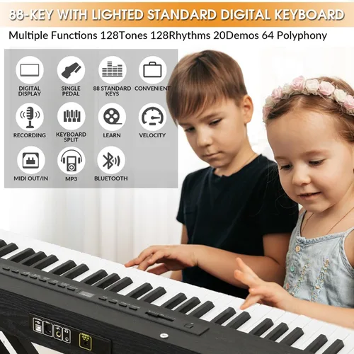 Miniatura 3 de Piano digital de 88 teclas con teclado semiponderado, teclado de piano de 88 teclas para principiantes con teclas iluminadas, piano eléctrico Negro