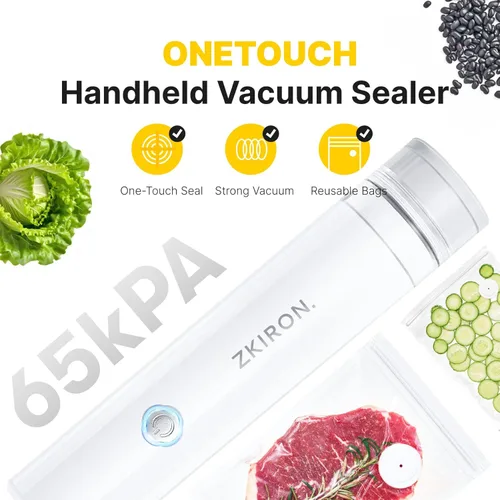 Miniatura 2 de ZKIRON Sellador al vacío compacto para alimentos: potente máquina selladora al vacío de mano con 12 bolsas de vacío reutilizables, 5 veces
