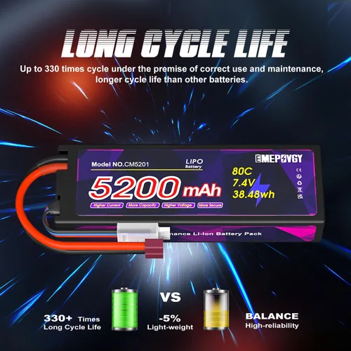 Miniatura 4 de Batería Lipo de 7.4V 2S 5200mAh 80C Lipos Estuche rígido con conector T para coches RC camiones 1/8 1/10 vehículos RC (2 paquetes)