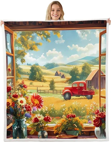 Miniatura 17 de Rustic Farmhouse Style Sherpa Blanket Retro Barn Truck Flannel Fleece Throw Blanket 40"x50" for Sofa Couch Country Daisy Flowers Ultra Soft Bed Blue