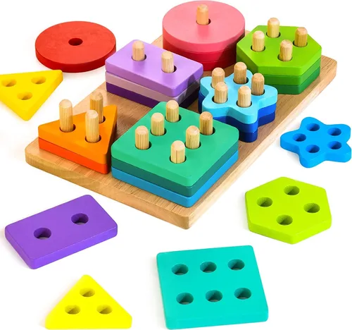 Juguetes de clasificación y apilamiento de madera, juguetes Montessori para niños de 1, 2, 3 años, rompecabezas clasificador de formas con 24