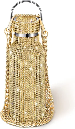 Miniatura 9 de Geiserailie Botella de agua con diamantes de imitación de acero inoxidable, térmica, recargable, aislada, con cadena, para mujeres y niñas