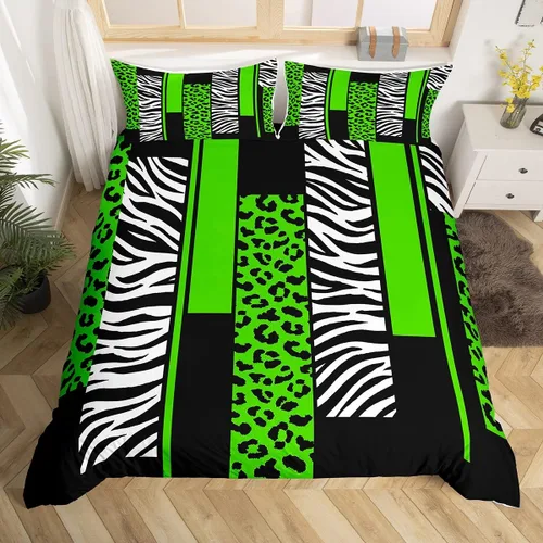 Miniatura 16 de Juego de ropa de cama con estampado de cebra de leopardo, tamaño Queen, para niños, color verde azulado, blanco, negro, juego de funda de edredón