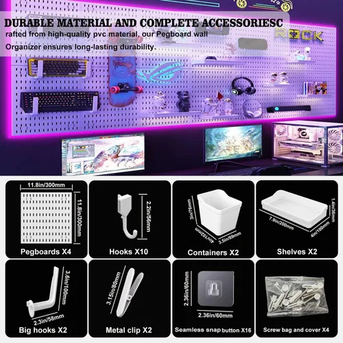 Miniatura 4 de Kit de Combinación de Tablero Perforado, Organizador de Pared Modular Blanco de Tablero Perforado con 4 Tableros Perforados y Accesorios Colgantes