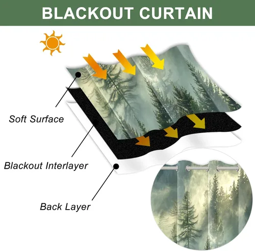 Miniatura 25 de AWERT Cortinas opacas para dormitorio, árbol negro con niebla, naturaleza, amanecer, bosque, 2 paneles para sala de estar, bloqueo de calor, 21 x 45
