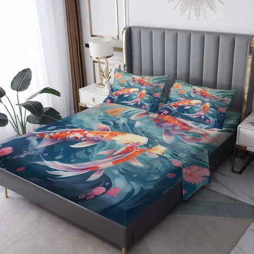 Miniatura 10 de Juego de sábanas de tamaño individual – Sábanas de cama de pez Koi japonés, sábanas y fundas de almohada, sábanas y fundas de almohada, microfibra