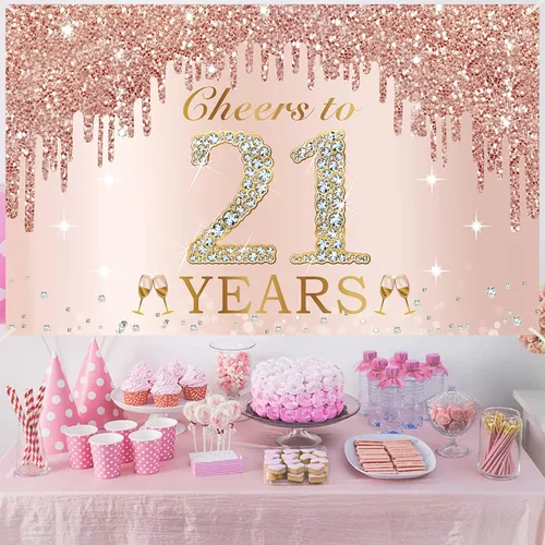 Miniatura 5 de Decoraciones grandes de cumpleaños de "Cheers to 21 años" para mujeres, pancarta de feliz cumpleaños de 21 años de oro rosa con texto en inglés