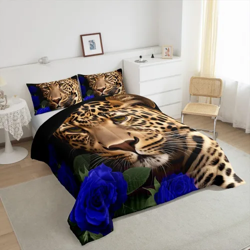 Miniatura 4 de Erosebridal Juego de ropa de cama de guepardo con rosa azul, juego de edredón con estampado de leopardo y gato, edredón romántico de plumón