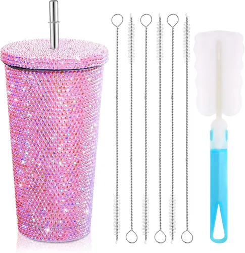 Mimorou Botella de agua con purpurina y tapa, de acero inoxidable, con diseño de diamantes de imitación, con 1 cepillo para tazas, 6 cepillos para
