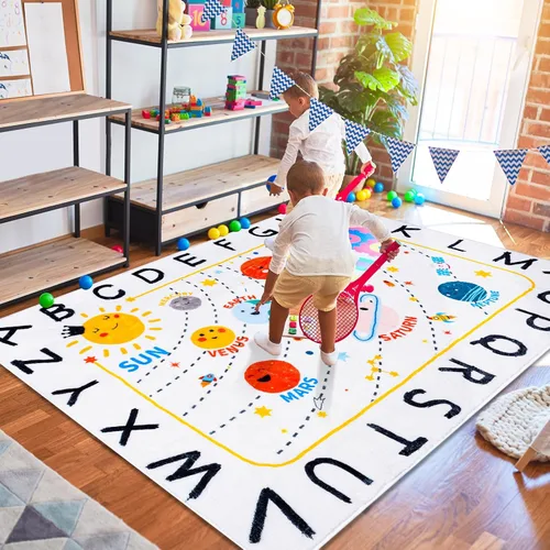 Miniatura 4 de ABC Space - Alfombra para niños, 3 pies 3 pulgadas x 4 pies 11 pulgadas, antideslizante, alfabeto, alfombra lavable, alfombra de felpa suave