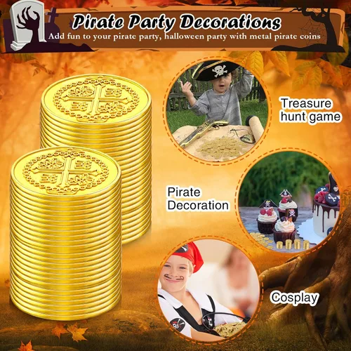 Miniatura 6 de Hanaive 50 monedas de metal del tesoro, monedas piratas de metal, fichas de juego de monedas de oro falsas, doblón español, fichas del tesoro