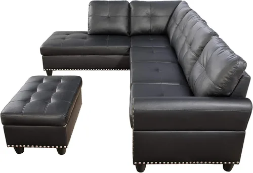 Miniatura 7 de Livavege Sofá modular de piel sintética con diván, otomana de almacenamiento, 2 portavasos y almohadas, sofás tapizados de 6 plazas en forma de L