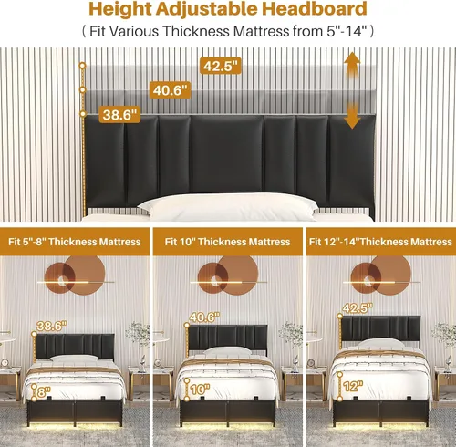 Miniatura 4 de Besiost Base de cama de tamaño individual con cabecera ajustable de 3 alturas, cama de plataforma tapizada de cuero con luz LED y estación de carga