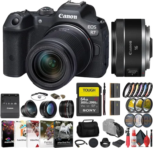 Canon Cámara sin espejo EOS R7 con lente de 0.709-5.906 in (5137C009) + lente Canon de 0.630 in (5051C002) + tarjeta SD resistente Sony de 64 GB +
