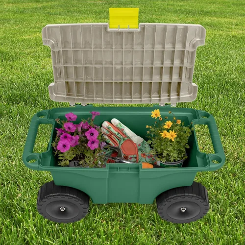 Miniatura 2 de Pure Garden - Carrito de jardín rodante con asiento, almacenamiento de plástico con banco y bandeja interior de herramientas, taburete de jardinería