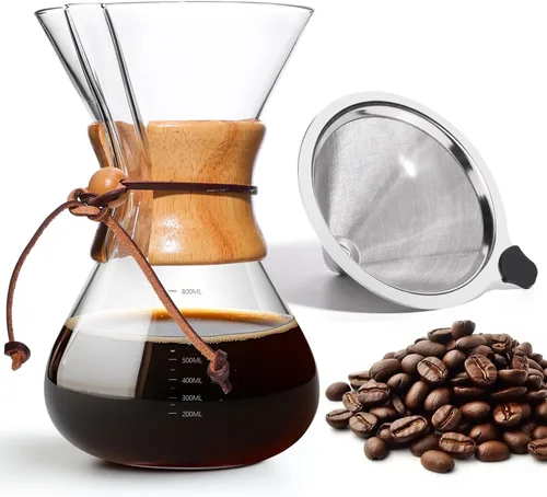 Cafetera de Café por Goteo 27 OZ, Cafetera de Vidrio de Borosilicato de 8 Tazas con Filtro de Acero Inoxidable Reutilizable y Empuñadura de Corcho
