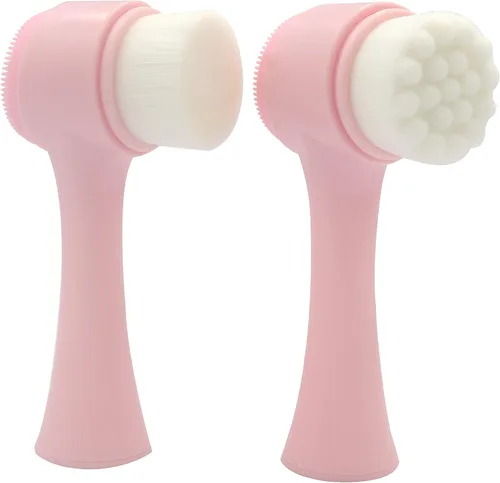 Paquete de 2 cabezales diferentes, cerdas de fibra extra suaves de doble cara y almohadilla de silicona, cepillo de limpieza facial manual para