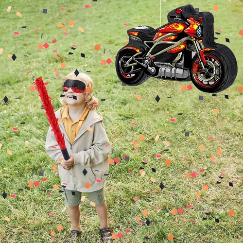 Miniatura 4 de Shappy Piñata de motocicleta 3D Dirt Bike Piñata con palo para los ojos vendados, decoración de cumpleaños de motocicleta roja, decoración de fiesta