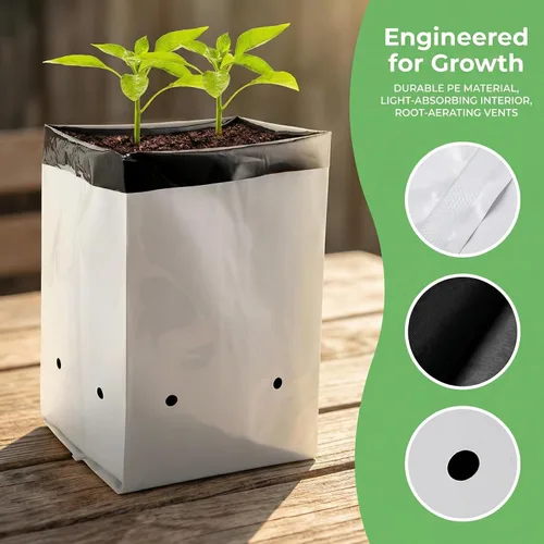 Miniatura 3 de Lawei Paquete de 100 bolsas de cultivo de plástico de 1 galón, bolsas de cultivo de plantas en blanco y negro, bolsas de siembra para plantas