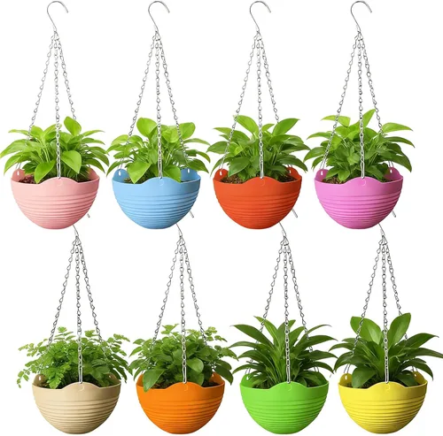 Miniatura 8 de Srmayyi Paquete de 4 Macetas Colgantes de Plástico de 8 Pulgadas con Riego Automático, Maceta Colgante Redonda con Drenaje y Cadena Metálica, Maceta