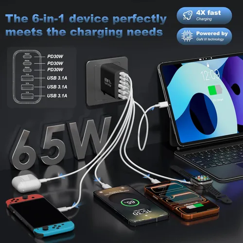 Miniatura 2 de Bloque de carga USB C, 65 W, 6 puertos, bloque de carga USBC, cargador de pared, cargador de iPhone, carga rápida, multipuerto tipo C, PD+QC, Negro
