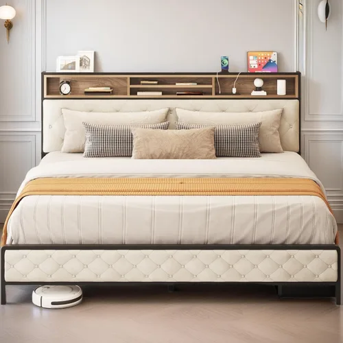 Miniatura 3 de YITAHOME Base de cama de plataforma tamaño Queen con cabecera de 45.2 pulgadas de alto, cabecera de almacenamiento tapizada con estación de carga