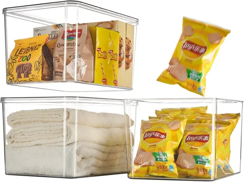 Contenedores de almacenamiento de plástico transparente con tapas, 3 paquetes, contenedores de almacenamiento para aperitivos, cosméticos, libros,