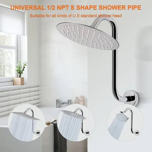 Miniatura 3 de Brazo de ducha en forma de S, tubo de extensión de cabezal de ducha de altura alta, conexión estándar de 1/2 pulgada con brida, impresionante