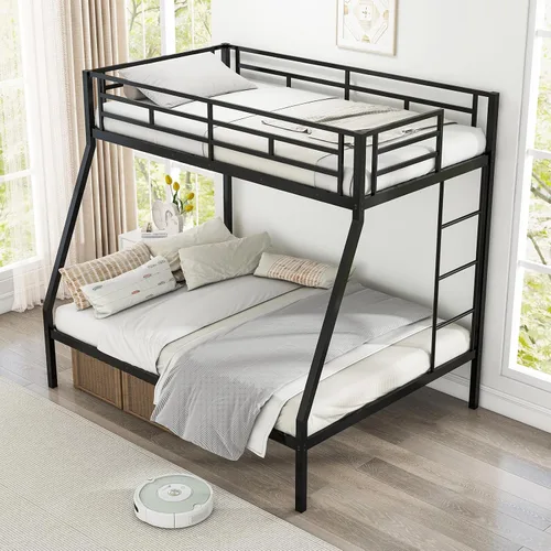 Miniatura 3 de KOMFOTT Litera de metal individual sobre cama matrimonial, marco de cama resistente con escalera integrada, barandillas de longitud completa