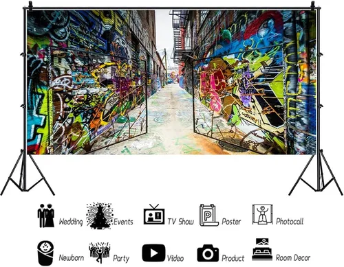 Miniatura 2 de YongFoto Telón de fondo de pared de graffiti urbano de 8 x 4 pies, puerta de hierro colorida, calle abandonada, escuela, fotografía, fondo, música