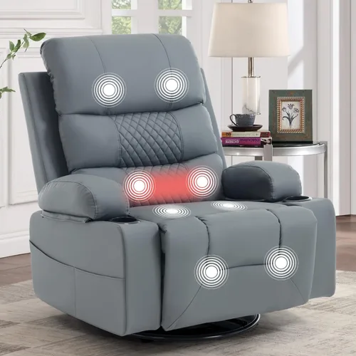Miniatura 10 de KCQ Rocker - Silla reclinable con calor y masaje, silla reclinable manual de gran tamaño con soporte para tazas, silla mecedora giratoria de piel