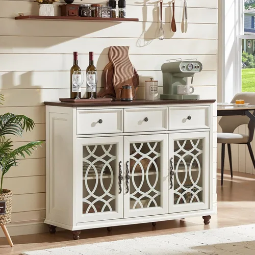 Miniatura 24 de Joaxswe Aparador de estilo rústico con almacenamiento, credenza grande de 59 pulgadas con 4 puertas de vidrio y 2 cajones, estantes ajustables, mesa