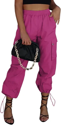 Miniatura 12 de Pantalones de paracaídas para mujer, cintura alta elástica, pantalones cargo Y2K holgados con 4 bolsillos