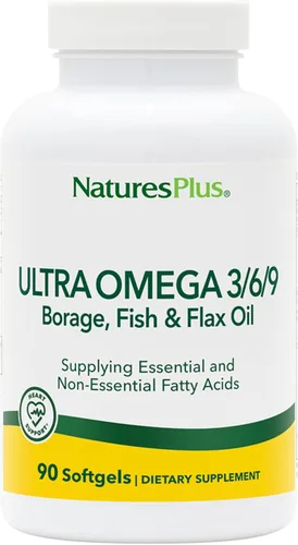 NaturesPlus Ultra Omega 3 6 9 - Aceite de borraja, aceite de pescado, suplemento de aceite de lino - 1200 mg, 90 cápsulas blandas - Sin gluten - 90